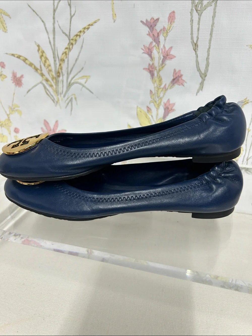 Tory Burch Navy Leather Ballet Flats with Gold Logo Medallions